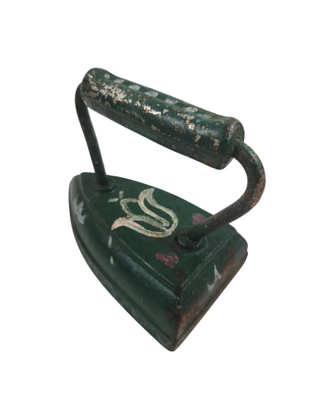 Sad Iron Cast Iron Hand Painted Flower Design Green Door Stop Primitive Decor